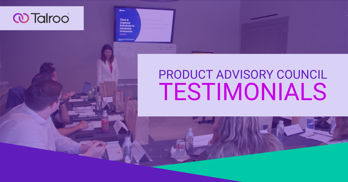 A YouTube thumbnail that reads "PRODUCT ADVISORY COUNCIL TESTIMONIALS", featuring a woman presenting to a group of Talroo customers